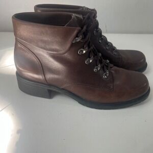 Womens Brown Leather Lace Up Hiker Ankle Boot Lug Sole Block Heel size 8.5